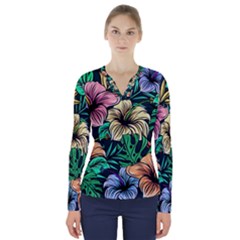 Hibiscus Flower Plant Tropical V-neck Long Sleeve Top by Simbadda