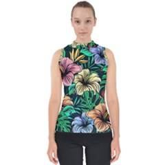 Hibiscus Flower Plant Tropical Mock Neck Shell Top by Simbadda