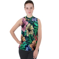 Hibiscus Flower Plant Tropical Mock Neck Chiffon Sleeveless Top by Simbadda