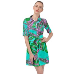 Painting Oil Leaves Reason Pattern Belted Shirt Dress