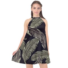 Jungle Leaves Tropical Pattern Halter Neckline Chiffon Dress 