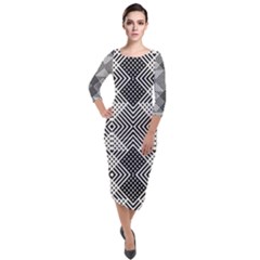 Monochrome Geometric Herringbone Seamless Pattern Vector Quarter Sleeve Midi Velour Bodycon Dress by Sudhe