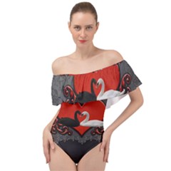 In Love, Wonderful Black And White Swan On A Heart Off Shoulder Velour Bodysuit 