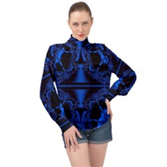 Art Fractal Artwork Creative Blue Black High Neck Long Sleeve Chiffon Top