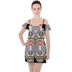 Skull Scary Art Digital Head Ruffle Cut Out Chiffon Playsuit