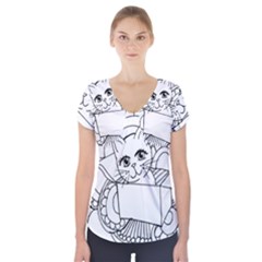 Cute Cat Coloring Page Design Short Sleeve Front Detail Top by Wegoenart