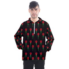 Red Water Color Rose On Black Men s Half Zip Pullover