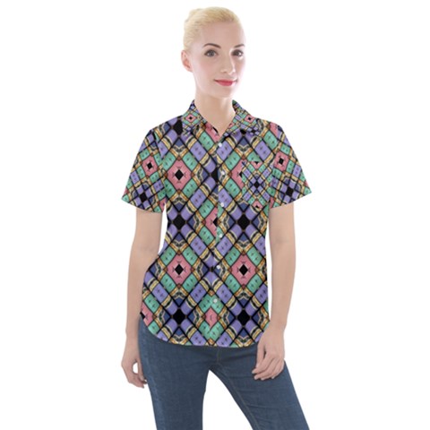 Pattern Wallpaper Background Abstract Geometry Women s Short Sleeve Pocket Shirt by Wegoenart