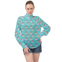 English Breakfast Aqua High Neck Long Sleeve Chiffon Top