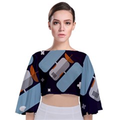 Satellite Machine Space Dark Tie Back Butterfly Sleeve Chiffon Top by Pakrebo