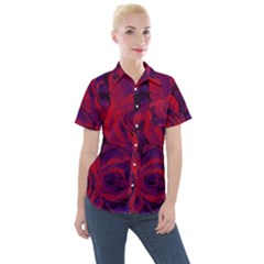 Roses Red Purple Flowers Pretty Women s Short Sleeve Pocket Shirt