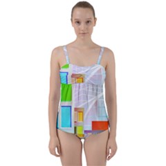 City Modern Business Skyscrapers Twist Front Tankini Set by Pakrebo