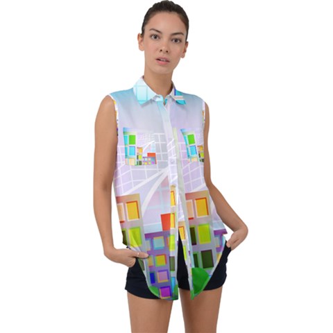 City Modern Business Skyscrapers Sleeveless Chiffon Button Shirt by Pakrebo