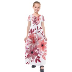 Watercolour Flowers Red Watercolor Kids  Short Sleeve Maxi Dress by Pakrebo