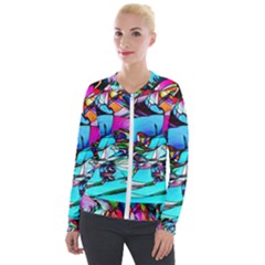 Abstract Flower Painting Velour Zip Up Jacket