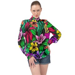  Neon Hibiscus High Neck Long Sleeve Chiffon Top by retrotoomoderndesigns