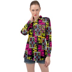 Squares Pattern                                 Long Sleeve Satin Shirt