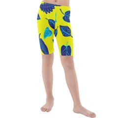 Leaves On A Yellow Background                                 Kid s Swim Shorts