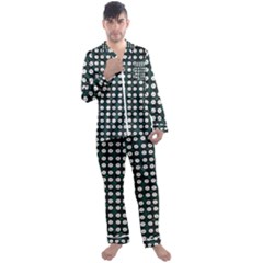 White Flower Pattern On Green Black Men s Satin Pajamas Long Pants Set by BrightVibesDesign