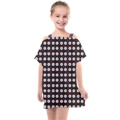 White Flower Pattern On Pink Black Kids  One Piece Chiffon Dress by BrightVibesDesign