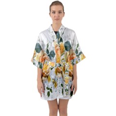 Flowers Roses White Yellow Quarter Sleeve Kimono Robe by Simbadda