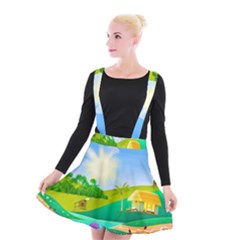 Tropical Resort Huts Lake River Suspender Skater Skirt by Simbadda