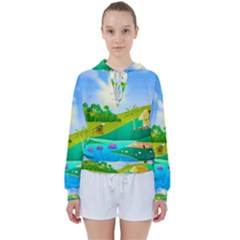 Tropical Resort Huts Lake River Women s Tie Up Sweat by Simbadda