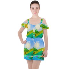 Tropical Resort Huts Lake River Ruffle Cut Out Chiffon Playsuit by Simbadda