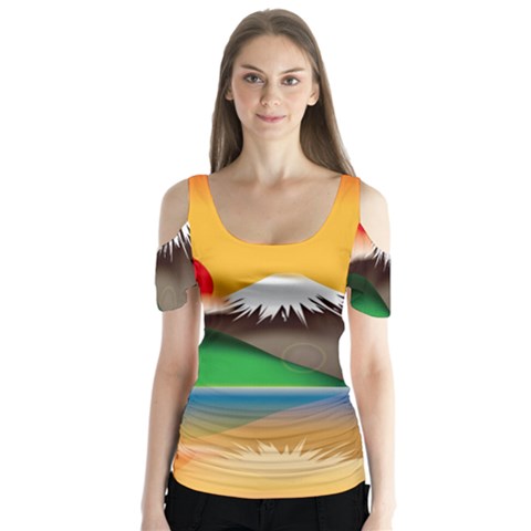 Mount Fuji Japan Lake Sun Sunset Butterfly Sleeve Cutout Tee  by Simbadda