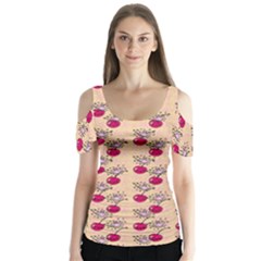Cherries An Bats Peach Butterfly Sleeve Cutout Tee 