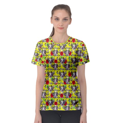 Heart Skeleton Face Pattern Yellow Women s Sport Mesh Tee by snowwhitegirl