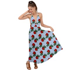 Red Roses Light Blue Backless Maxi Beach Dress by snowwhitegirl