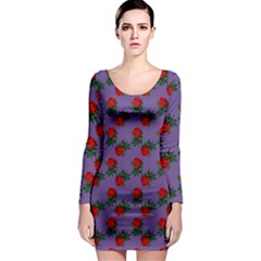 Red Roses Purple Vintage Long Sleeve Bodycon Dress