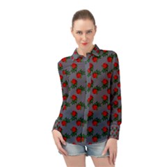 Red Roses Grey Long Sleeve Chiffon Shirt