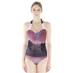Rocks Sky Landscape Sea Wave Halter Swimsuit by Simbadda