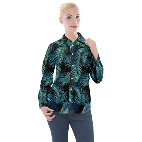 Palms Pattern Design Women s Long Sleeve Pocket Shirt by Sudhe