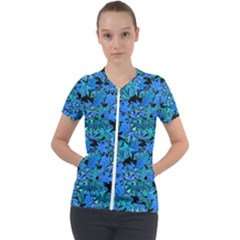 Fall Leaves Blue Short Sleeve Zip Up Jacket by bloomingvinedesign