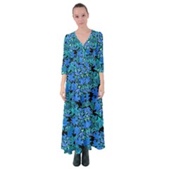 Fall Leaves Blue Button Up Maxi Dress