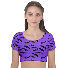 Bats Pattern Velvet Short Sleeve Crop Top  by bloomingvinedesign