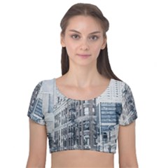 City Building Skyscraper Town Velvet Short Sleeve Crop Top 