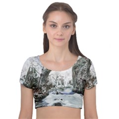 Tree Waterfall Landscape Nature Velvet Short Sleeve Crop Top 