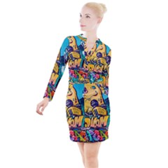 Graffiti Street Art Mountains Wall Button Long Sleeve Dress