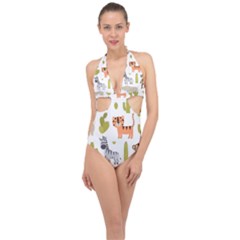 Cute Safari Animals Seamless Pattern Halter Front Plunge Swimsuit by Vaneshart