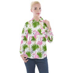 Seamless Pattern With Cute Flamingos Women s Long Sleeve Pocket Shirt