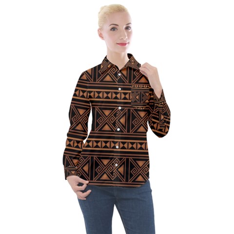 Colorful Bright Ethnic Seamless Striped Pattern Background Orange Black Colors Women s Long Sleeve Pocket Shirt by Vaneshart