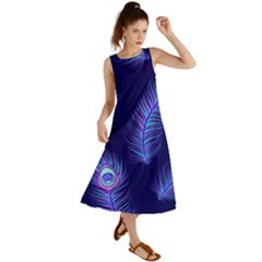 Seamless Pattern With Colorful Peacock Feathers Dark Blue Background Summer Maxi Dress