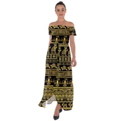 Tribal Gold Seamless Pattern With Mexican Texture Off Shoulder Open Front Chiffon Dress