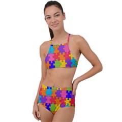 Rainbow Jigsaw Puzzle High Waist Tankini Set by retrotoomoderndesigns