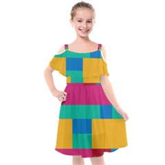 Rainbow Color Blocks Kids  Cut Out Shoulders Chiffon Dress