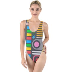 Pattern Geometric Abstract Colorful Arrows Lines Circles Triangles High Leg Strappy Swimsuit by Vaneshart